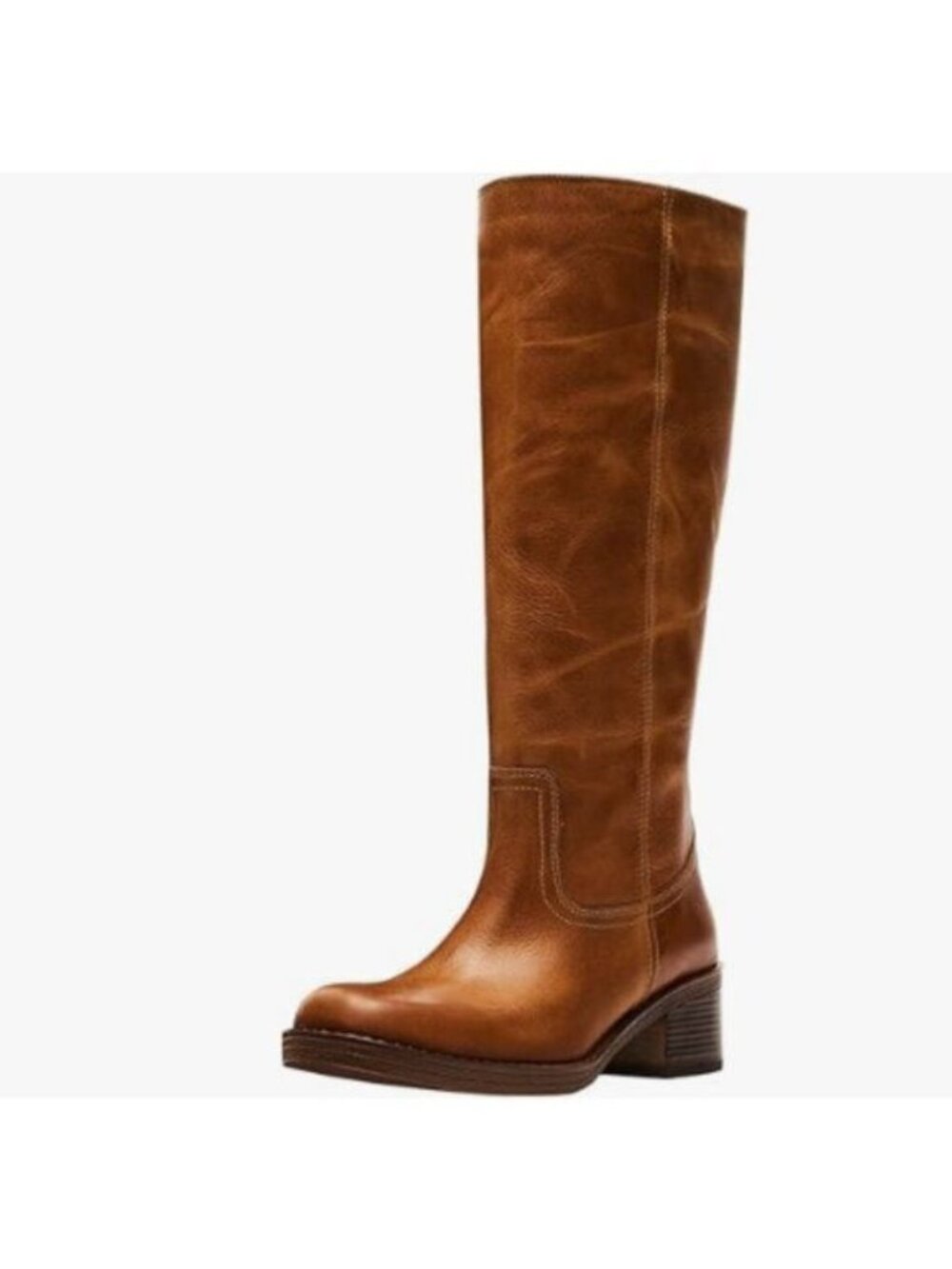 FOWT Women Platform Round Toe Calf High Boots Chunky Block Low Heel Boots Brown